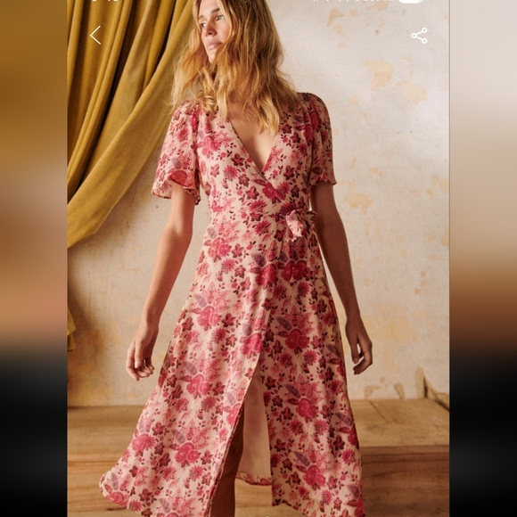 Sezane Sarah Pink Floral Midi Wrap Dress - Picture 4 of 7